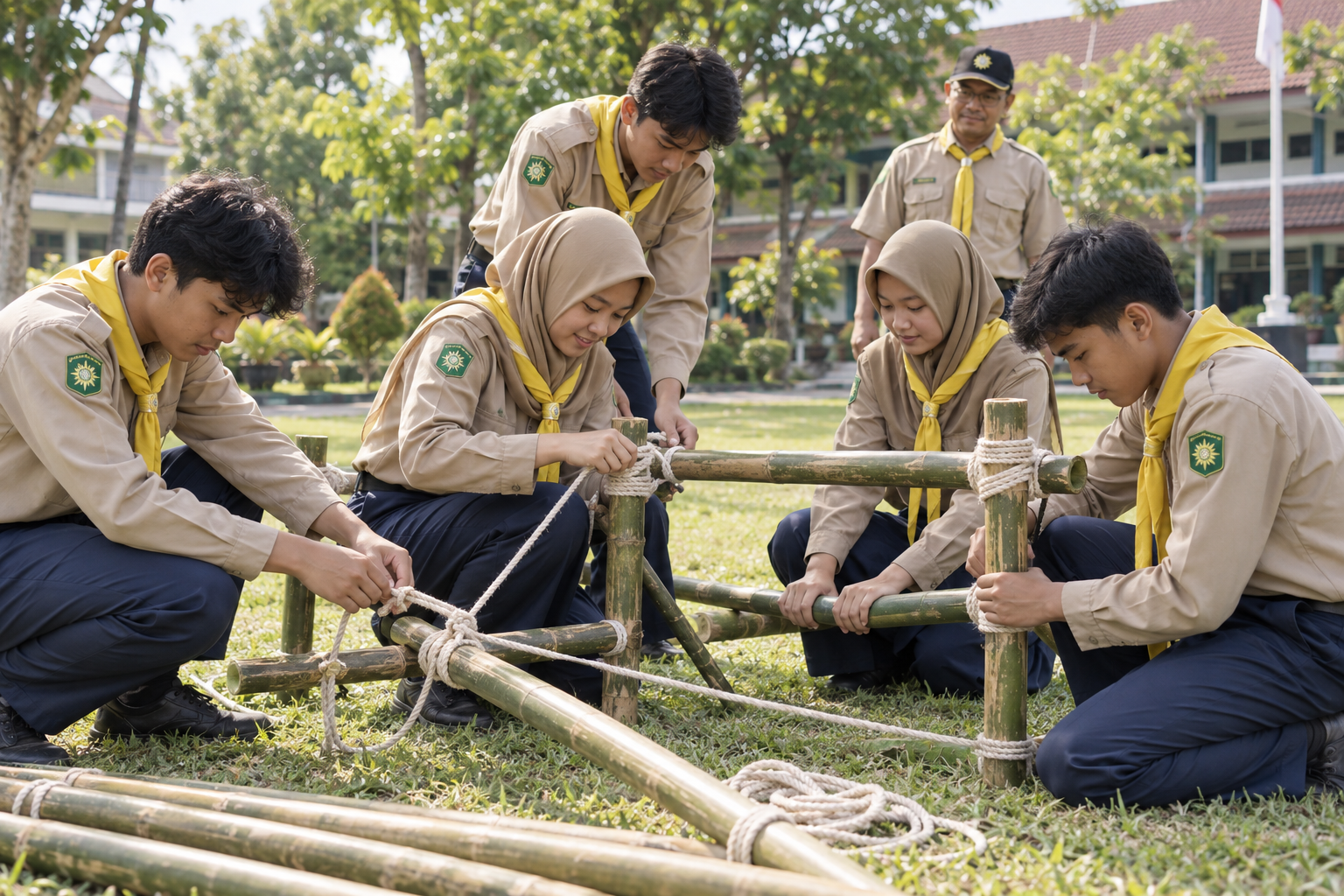 Ilustrasi buatan kegiatan kepanduan Hizbul Wathan dan kerja sama siswa