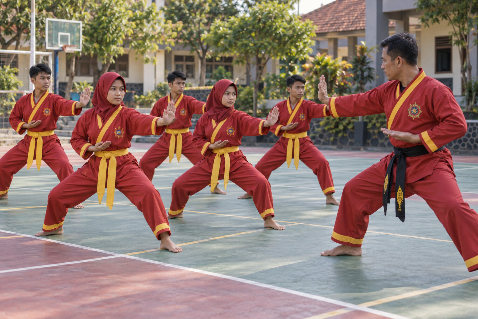Ilustrasi buatan latihan Tapak Suci dengan seragam merah dan sabuk kuning